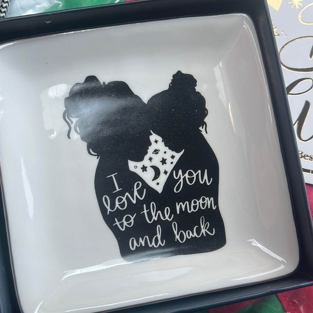 Trinket Dish 4” Square NIB “I love you to the moon and back.” Gold Look …